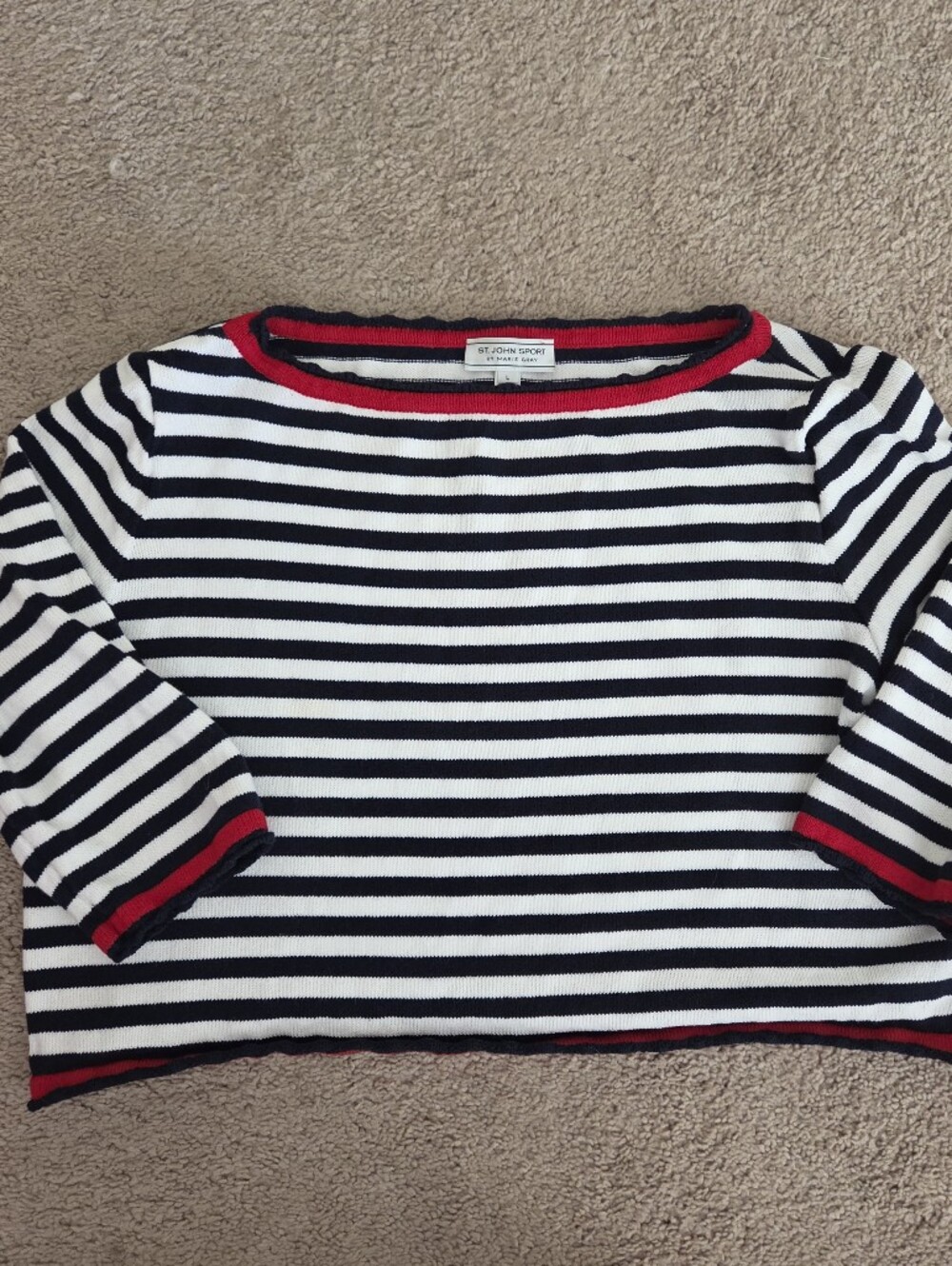 St. John Sport Wool Blend Stripe Knit Navy & White Top with Red Trim